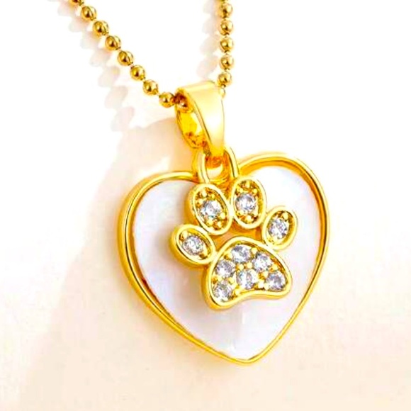 Heart and Crystal Paw Print Necklace - Picture 2 of 5